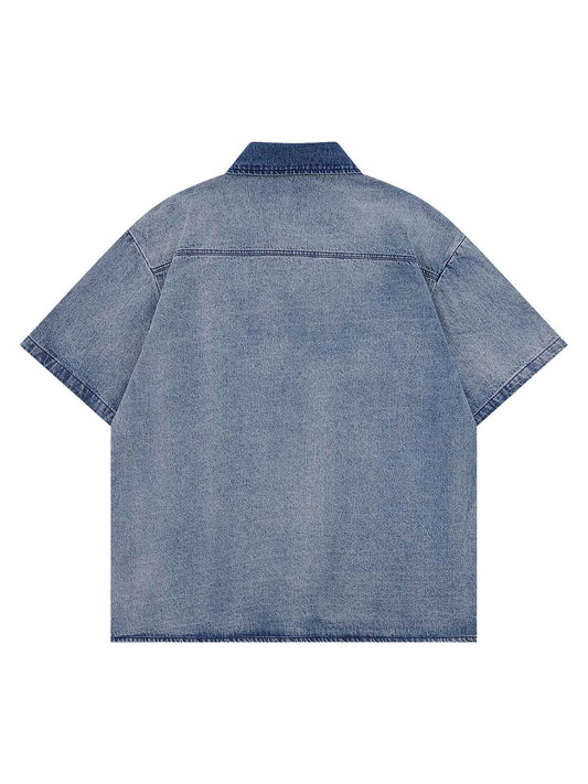 Vintage Letter Embroidery Short Sleeve Denim Shirt