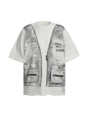 Faux Two-Piece Denim Vest Print T-Shirt