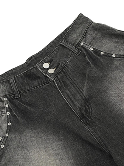 Thesupermade – Jeans-Jeanshose mit verwaschenem Vintage-Muster und Nieten im Farbverlauf 