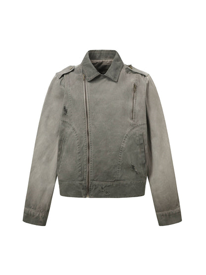 Distressed-Jeansjacke mit unregelmäßigem Reißverschluss