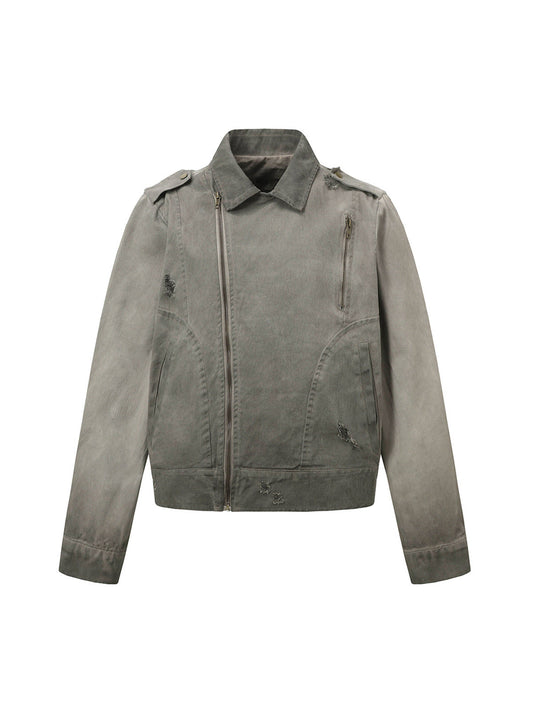 Distressed-Jeansjacke mit unregelmäßigem Reißverschluss