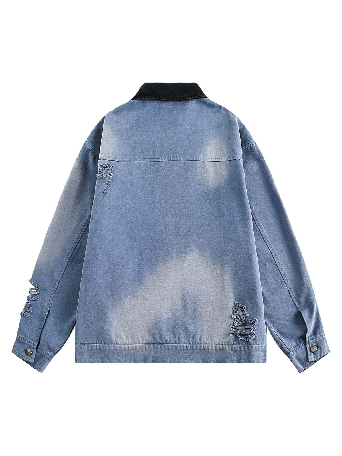 Zerrissene, verwaschene Jeansjacke mit Reißverschluss und Graffiti-Print