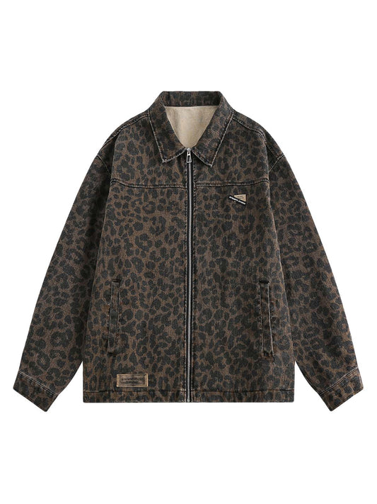 Vintage gewaschene Jeansjacke mit Gepardenmuster