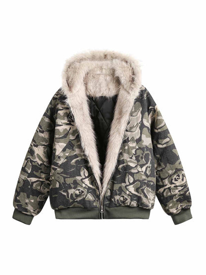 Thesupermade Camouflage Fur Hooded Jacket - 2353