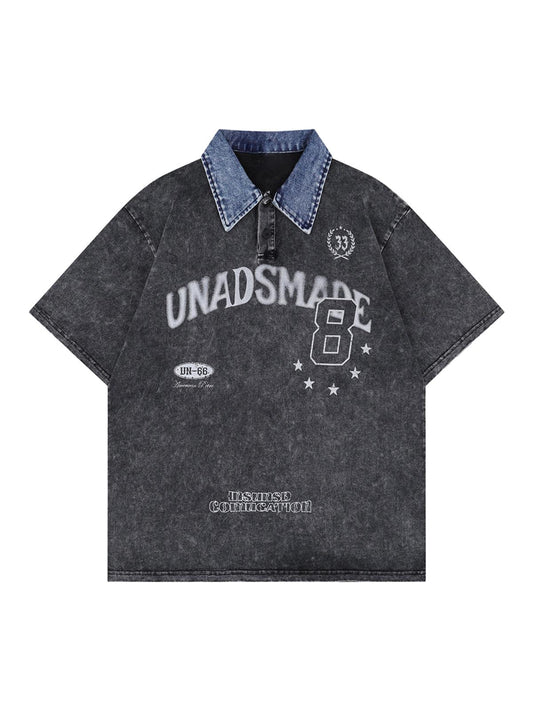 Distressed Embroidered Denim Collar Polo Shirt