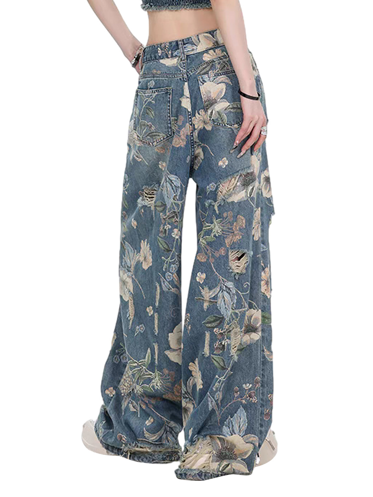 Vintage verwaschene Baggy-Jeans mit Blumenmuster und Rissen