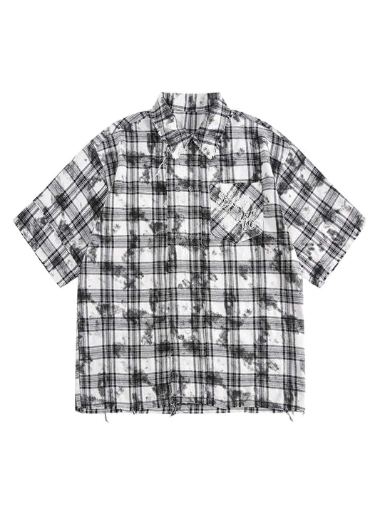 Distressed Plaid Lace Short-Sleeve Shirt