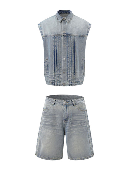 Distressed Washed Pleated Vest Jorts Denim Suit