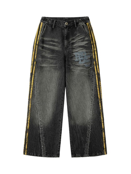 Distressed Striped Side Chain Patchwork Ripped Straight Jeans - 2391