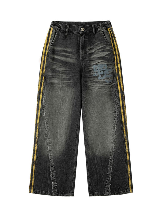 Zerrissene Straight Jeans mit Streifen und seitlicher Kette im Used-Look