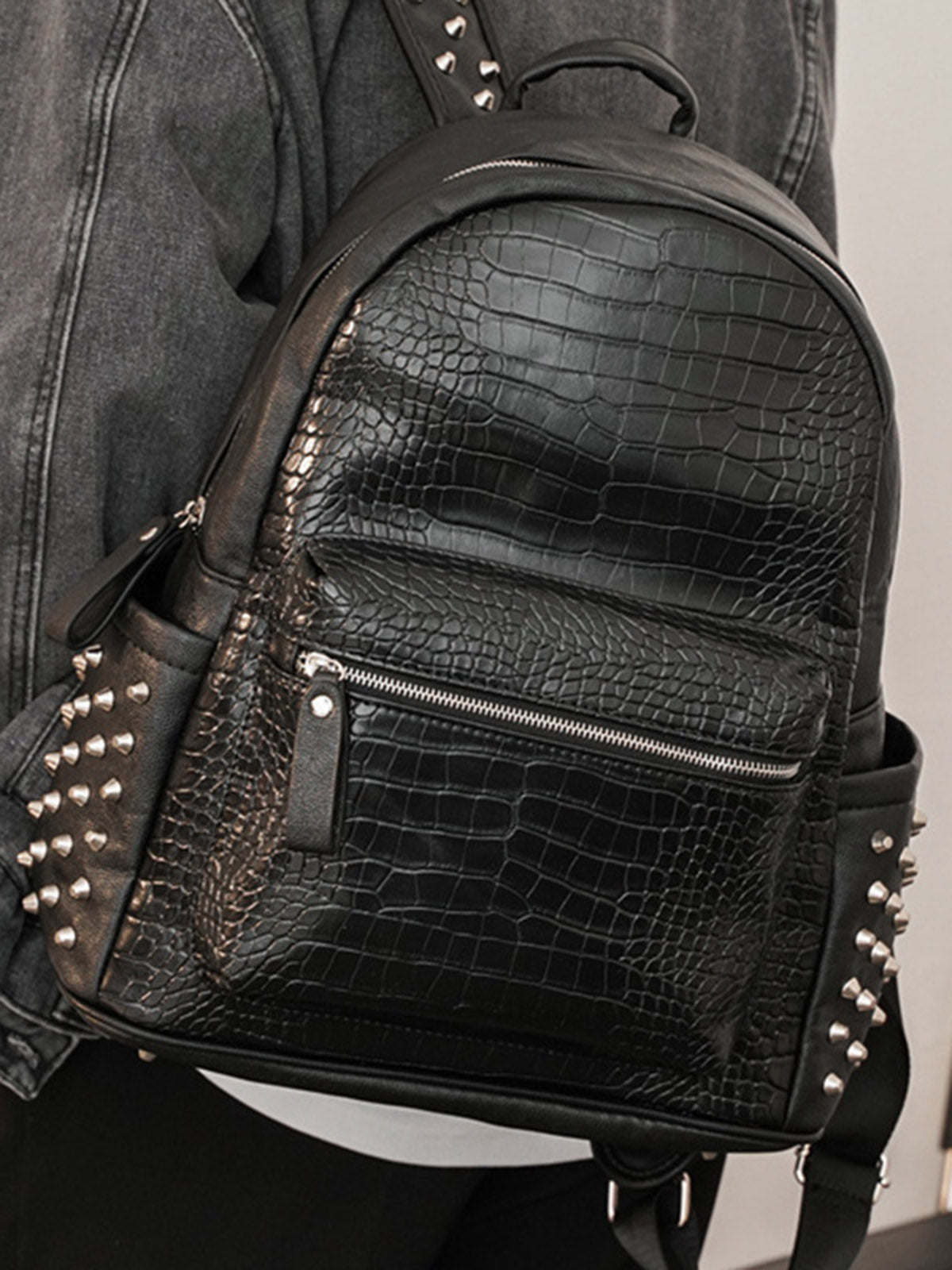Rivet Crocodile-Print Backpack
