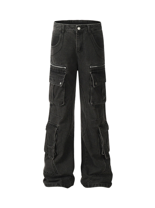 Verwaschene Bootcut-Jeans mit mehreren Taschen