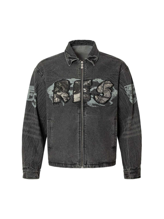 Jeansjacke mit Nieten und Stickerei „Wasteland“