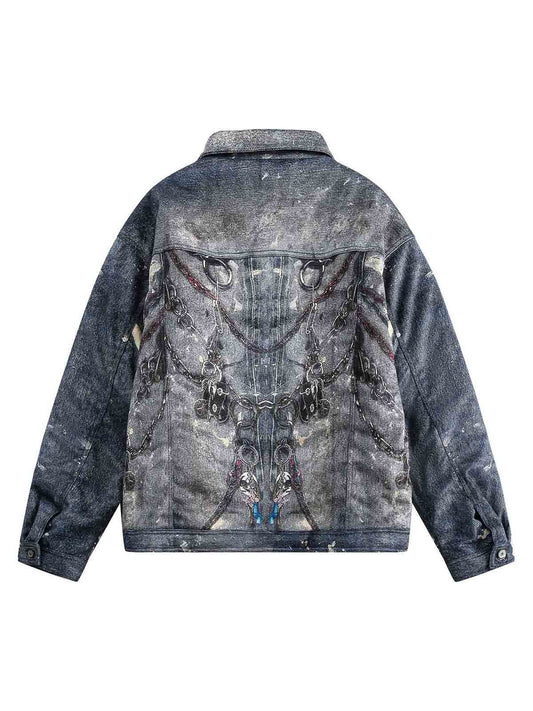Gesteppte Jeansjacke mit Graffiti-Kette