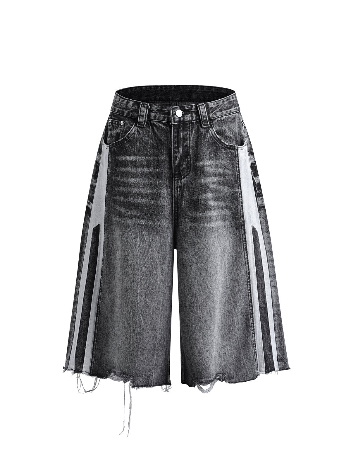 Kurze Jeanshose aus gewaschenem Patchwork-Denim im Used-Look