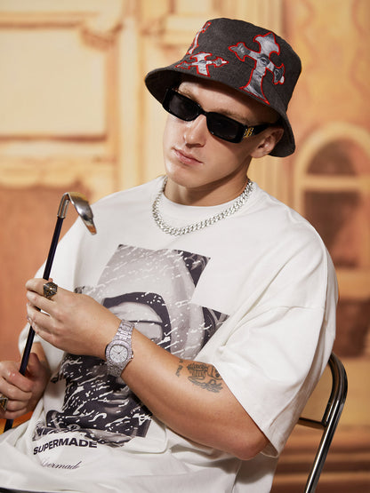 Cross And Portrait Denim Bucket Hat