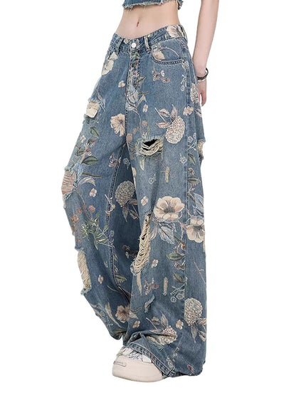 Vintage verwaschene Baggy-Jeans mit Blumenmuster und Rissen