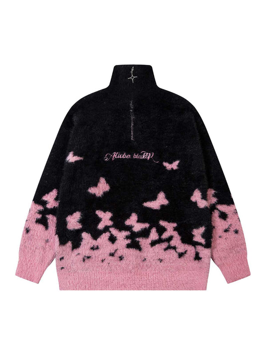 Thesupermade Faux Mink Butterfly Zip Up Turtle Neck Sweater