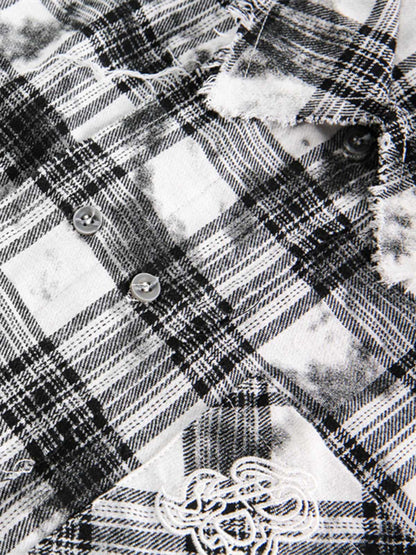 Distressed Plaid Lace Short-Sleeve Shirt