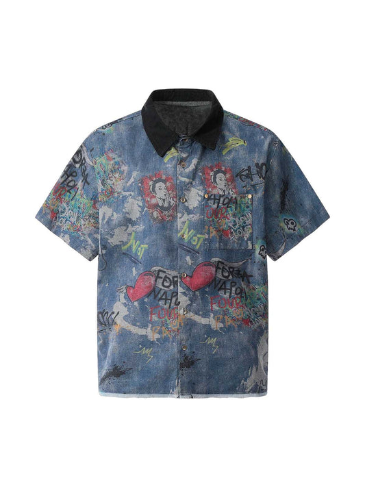 Poloshirt aus Denim mit Batik-Graffiti