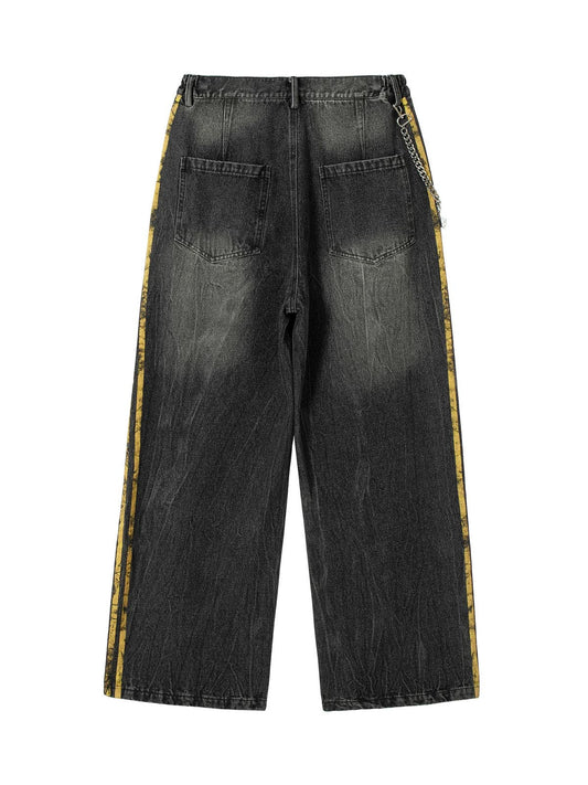 Zerrissene Straight Jeans mit Streifen und seitlicher Kette im Used-Look