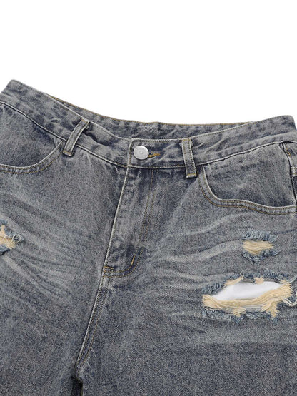 Thesupermade Patchwork Camouflage Ripped Shirt Jorts Denim Suit