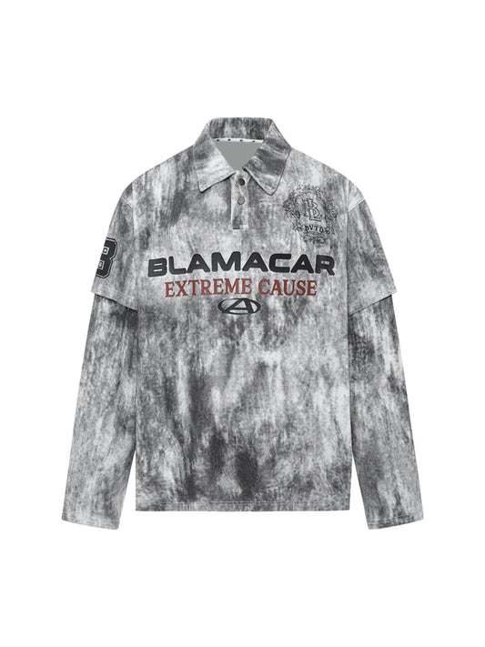 Faux Two-Piece Tie-Dye Print Long-Sleeve Polo Shirt - 2366