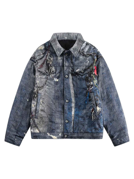 Gesteppte Jeansjacke mit Graffiti-Kette
