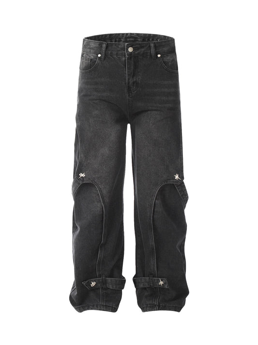 Verwaschene, dekonstruierte Split-Work-Jeans im Used-Look
