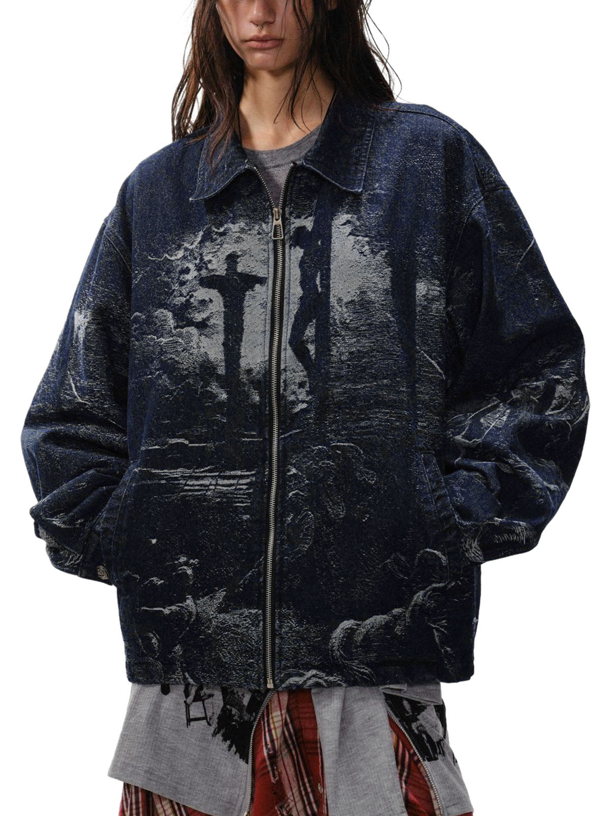 Jeansjacke mit gekreuztem Jacquard-Reißverschluss