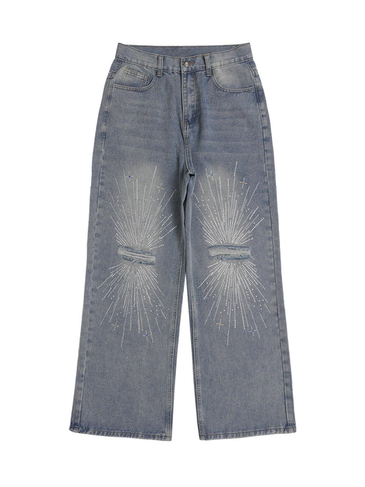 Thesupermade Hip-Hop Shining Cross Hot Diamond verwaschene Baggy-Jeans 