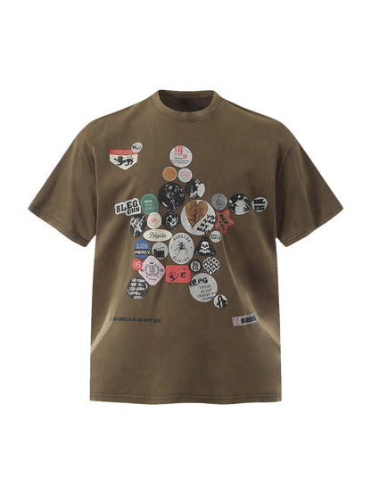 Badge Print Distressed Short Sleeve T-Shirt