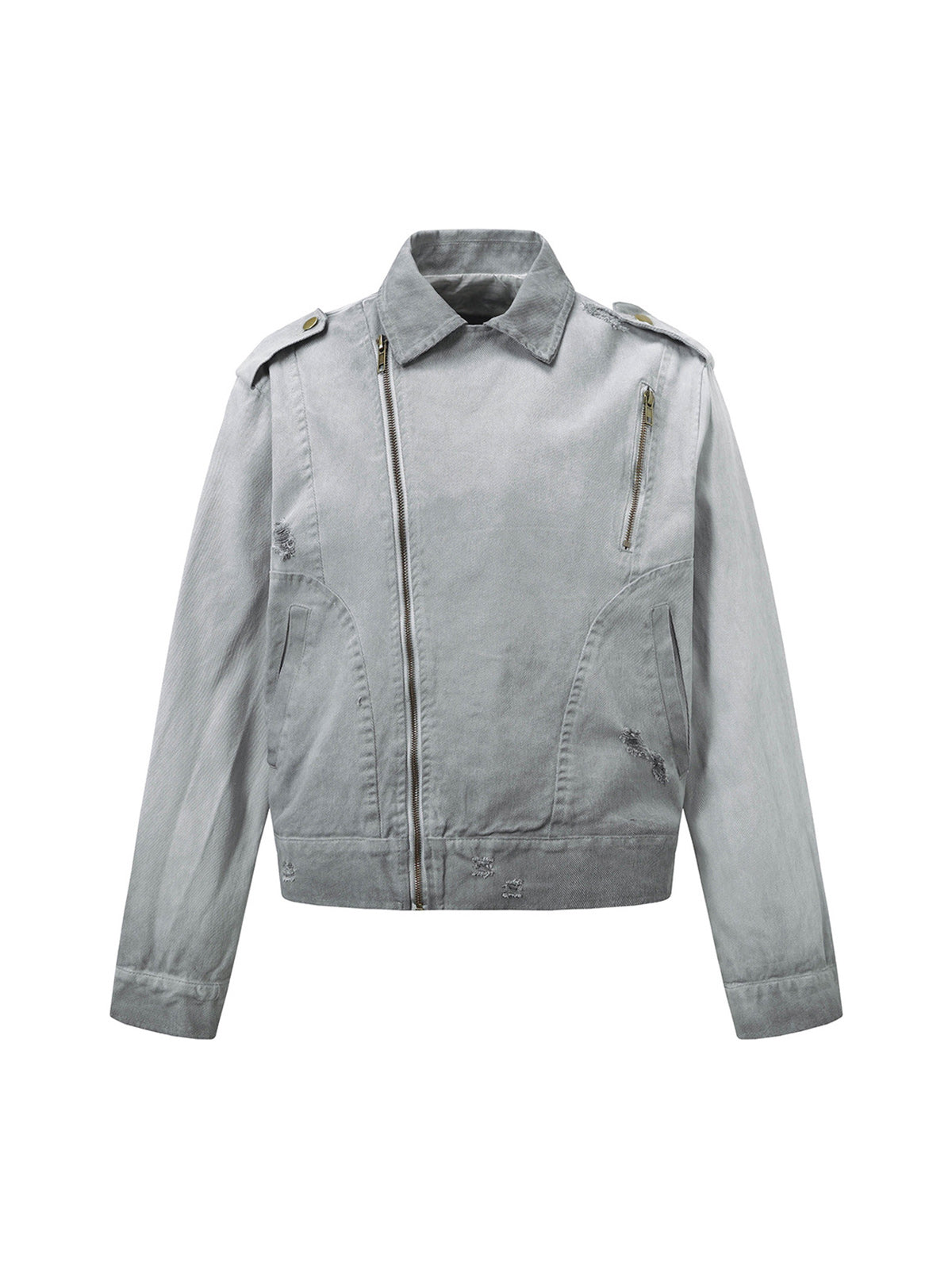 Distressed-Jeansjacke mit unregelmäßigem Reißverschluss