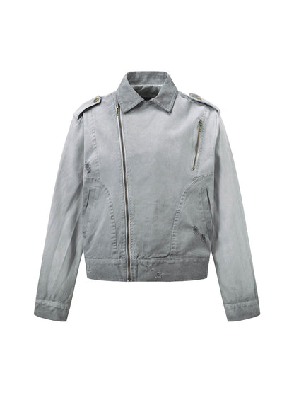 Distressed-Jeansjacke mit unregelmäßigem Reißverschluss
