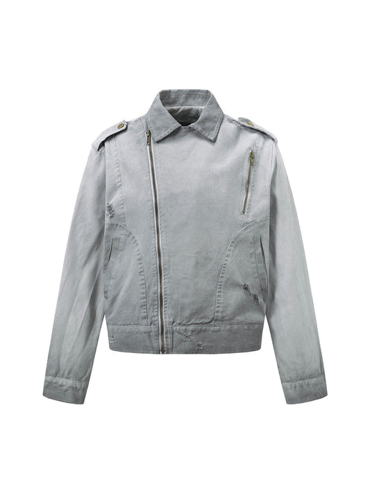 Distressed-Jeansjacke mit unregelmäßigem Reißverschluss