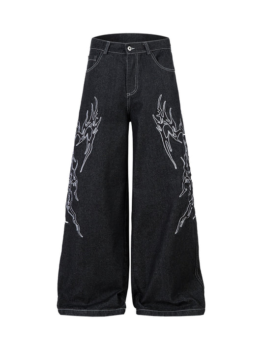 Embroidered Flame Baggy Jeans