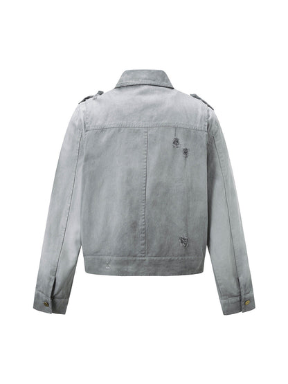 Distressed-Jeansjacke mit unregelmäßigem Reißverschluss