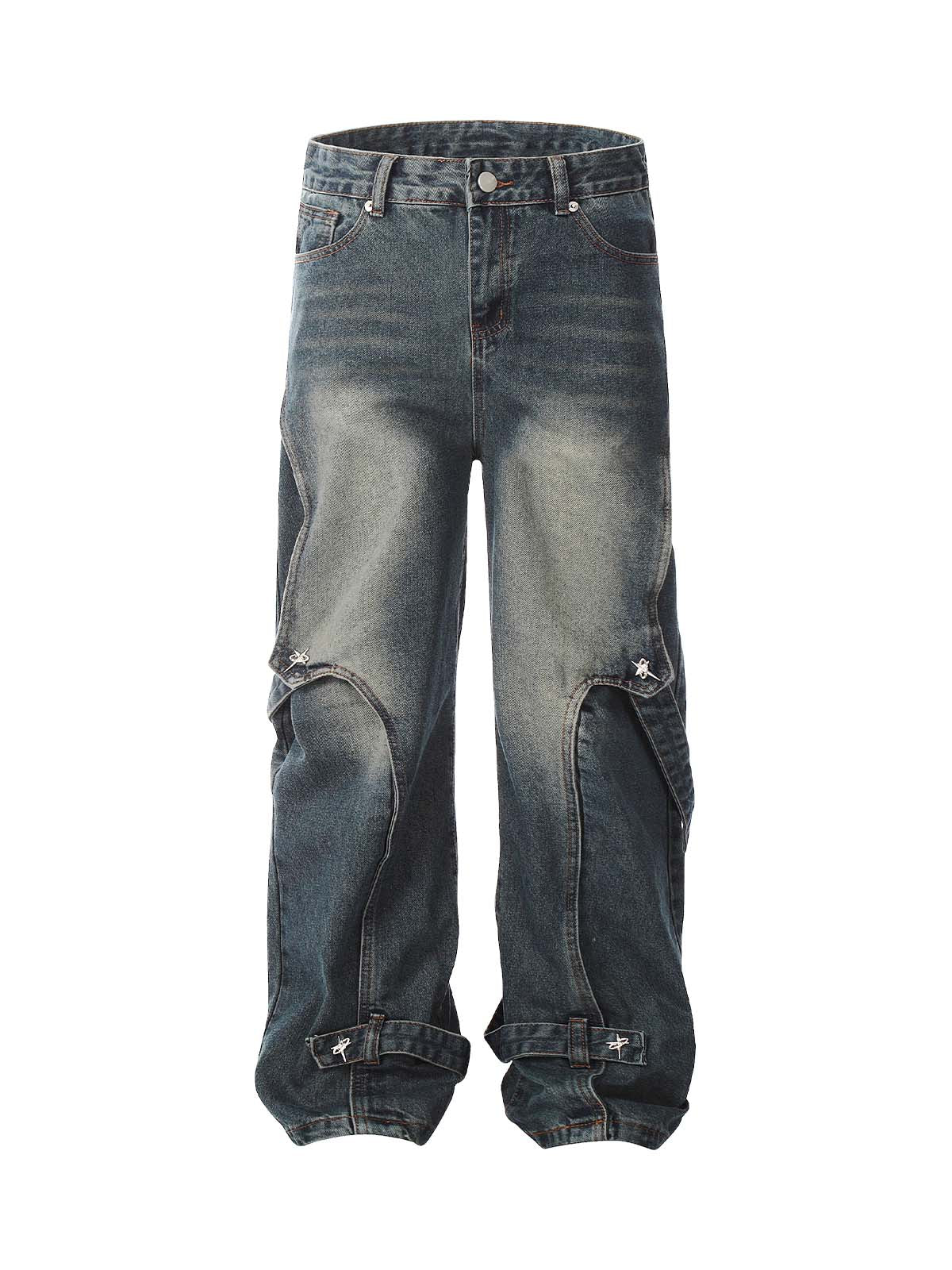 Verwaschene, dekonstruierte Split-Work-Jeans im Used-Look