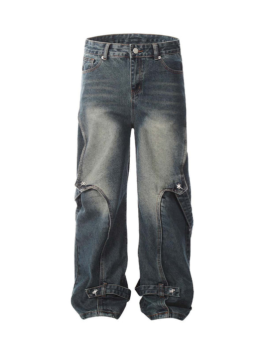 Verwaschene, dekonstruierte Split-Work-Jeans im Used-Look