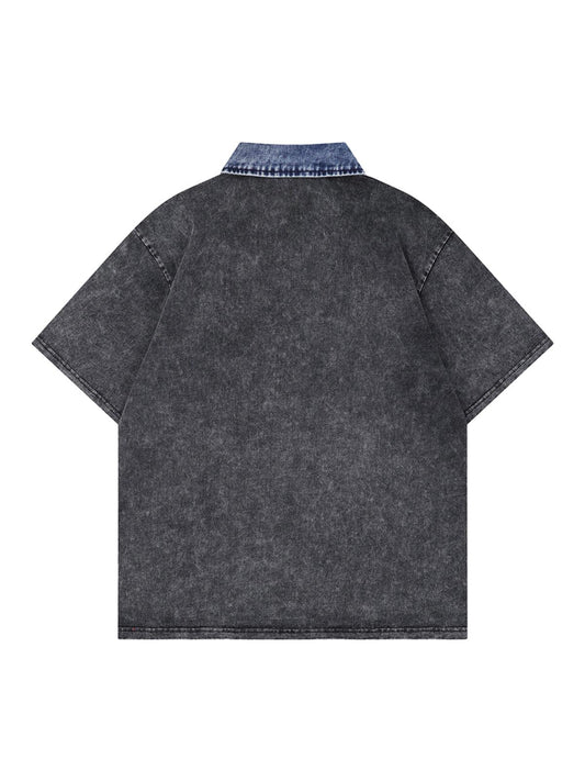 Distressed Embroidered Denim Collar Polo Shirt