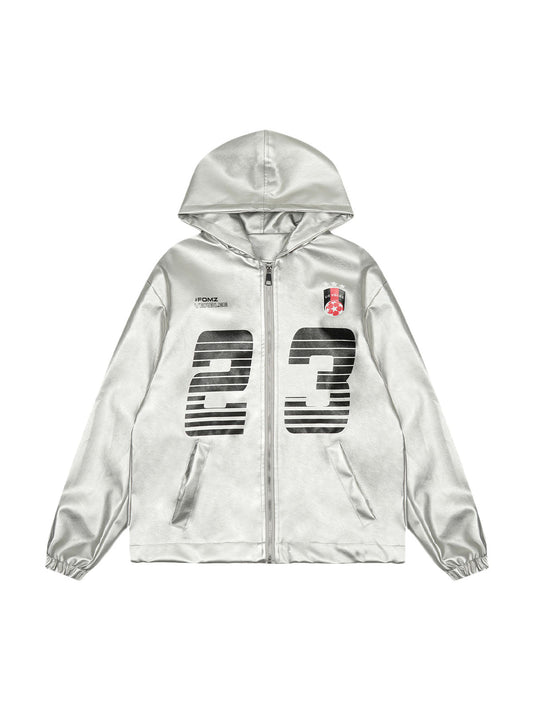 Thesupermade Silver Leather  Motorcycle Hooded Jacket