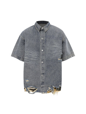 Thesupermade Patchwork Camouflage Ripped Shirt Jorts Denim Suit
