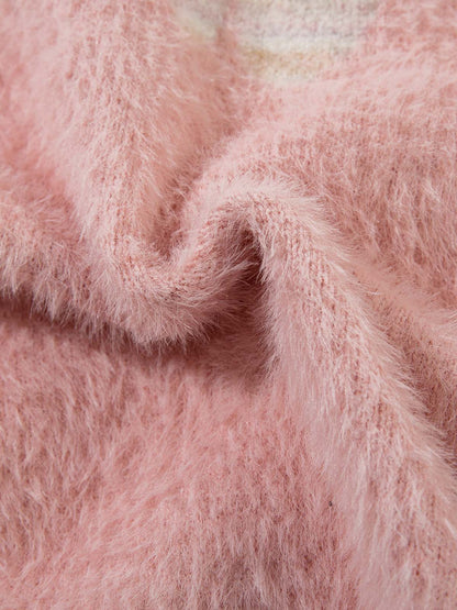 Thesupermade Flame Embroidery Fuzzy Zipper Sweater