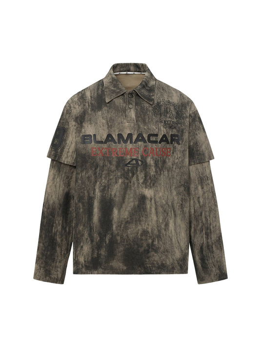 Faux Two-Piece Tie-Dye Print Long-Sleeve Polo Shirt - 2366