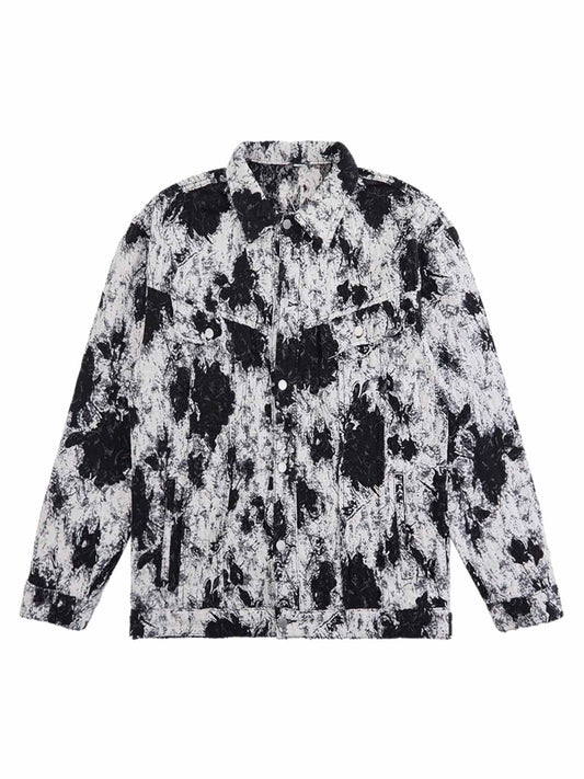 Schwarz-weiße Jeansjacke mit Blumenmuster und Kontrast