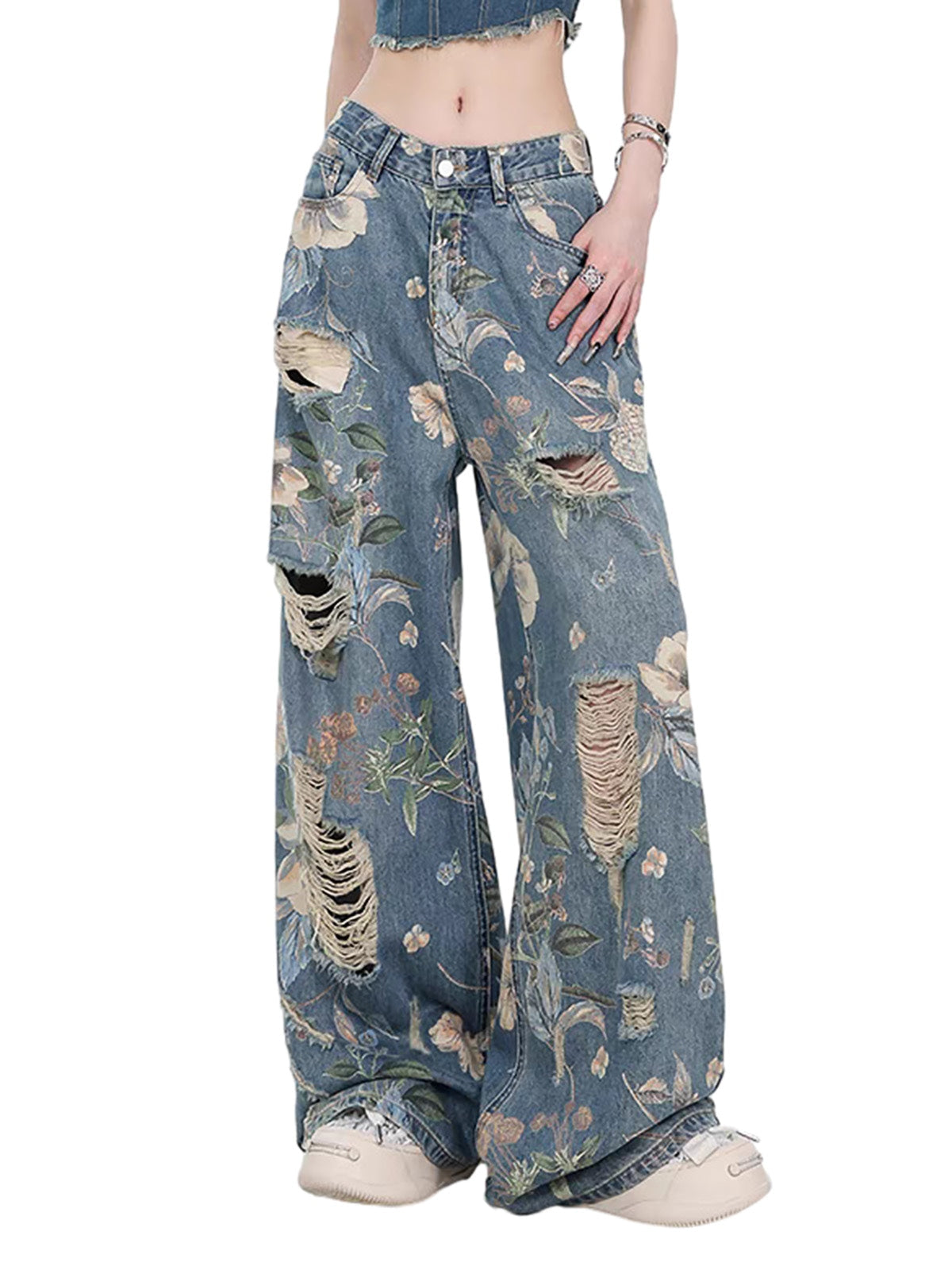 Vintage verwaschene Baggy-Jeans mit Blumenmuster und Rissen