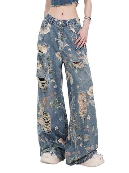 Vintage verwaschene Baggy-Jeans mit Blumenmuster und Rissen