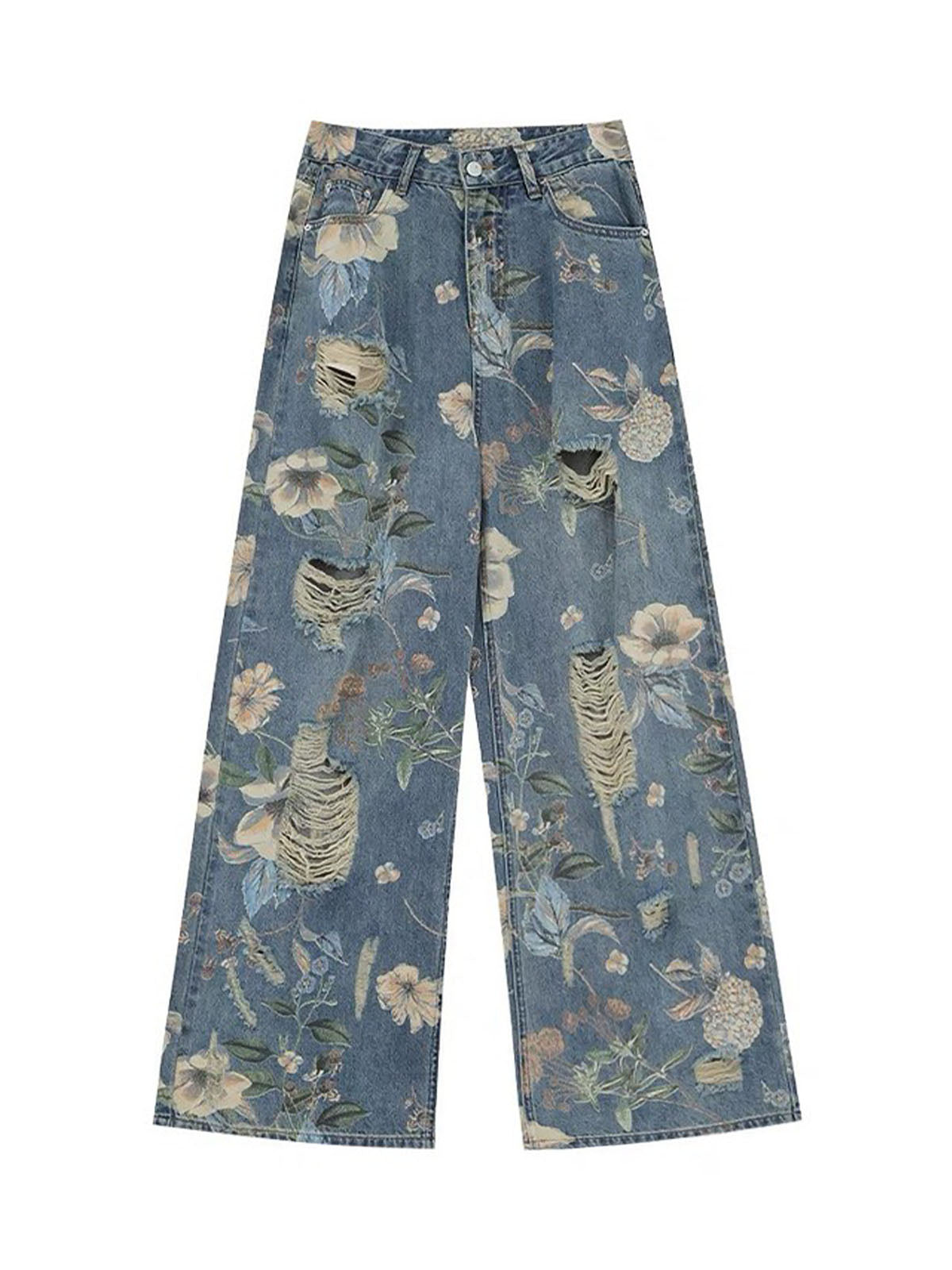 Vintage verwaschene Baggy-Jeans mit Blumenmuster und Rissen
