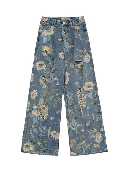 Vintage verwaschene Baggy-Jeans mit Blumenmuster und Rissen