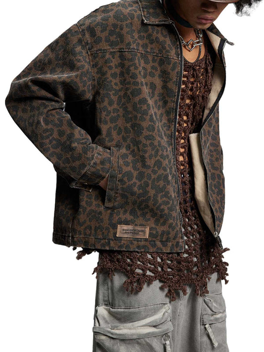 Vintage gewaschene Jeansjacke mit Gepardenmuster